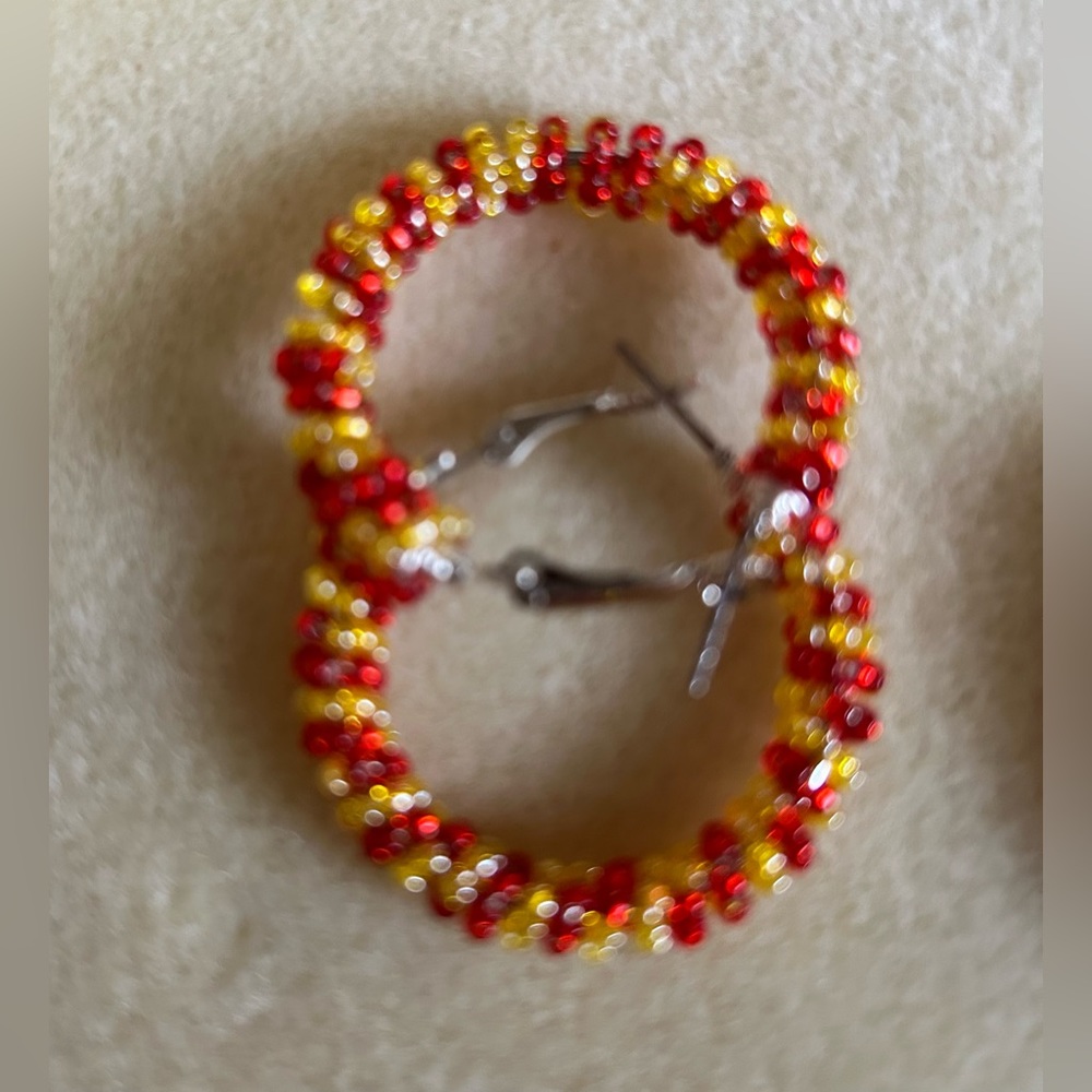 Hand-beaded 1” Chiefs Dynasty Red & Yellow Hoops Earrings NWOT